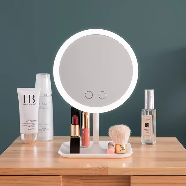 Rechargeable LED makeup mirror with lights, featuring a compact design and adjustable brightness for a flawless makeup application anywhere.
