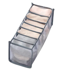 Clothes organiser with multiple compartments for neatly storing underwear, socks, bras, and scarves in drawers.