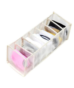 Clothes organiser with multiple compartments for neatly storing underwear, socks, bras, and scarves in drawers.